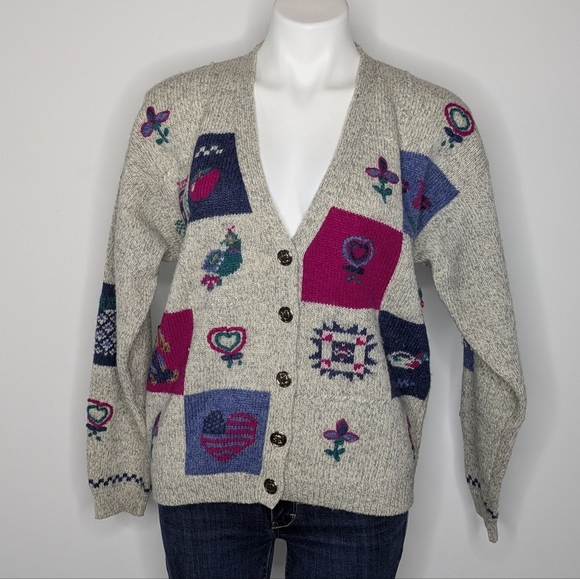 Vintage Woolrich Grey Blue Pink Mixed Design Button Up Wool Cardigan Sweater M - Picture 1 of 9